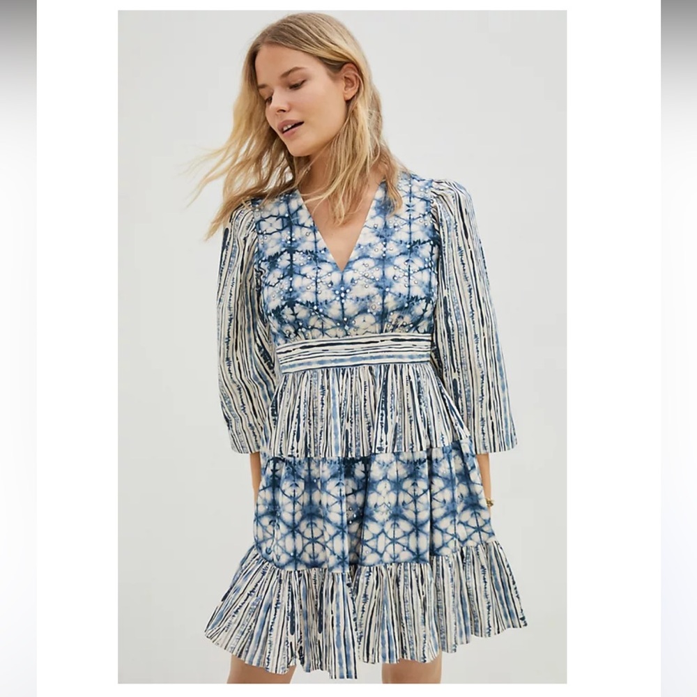 Anthropologie Not So Serious Behati Blue Tie Dye Batik Mini Ruffled Dress Size S